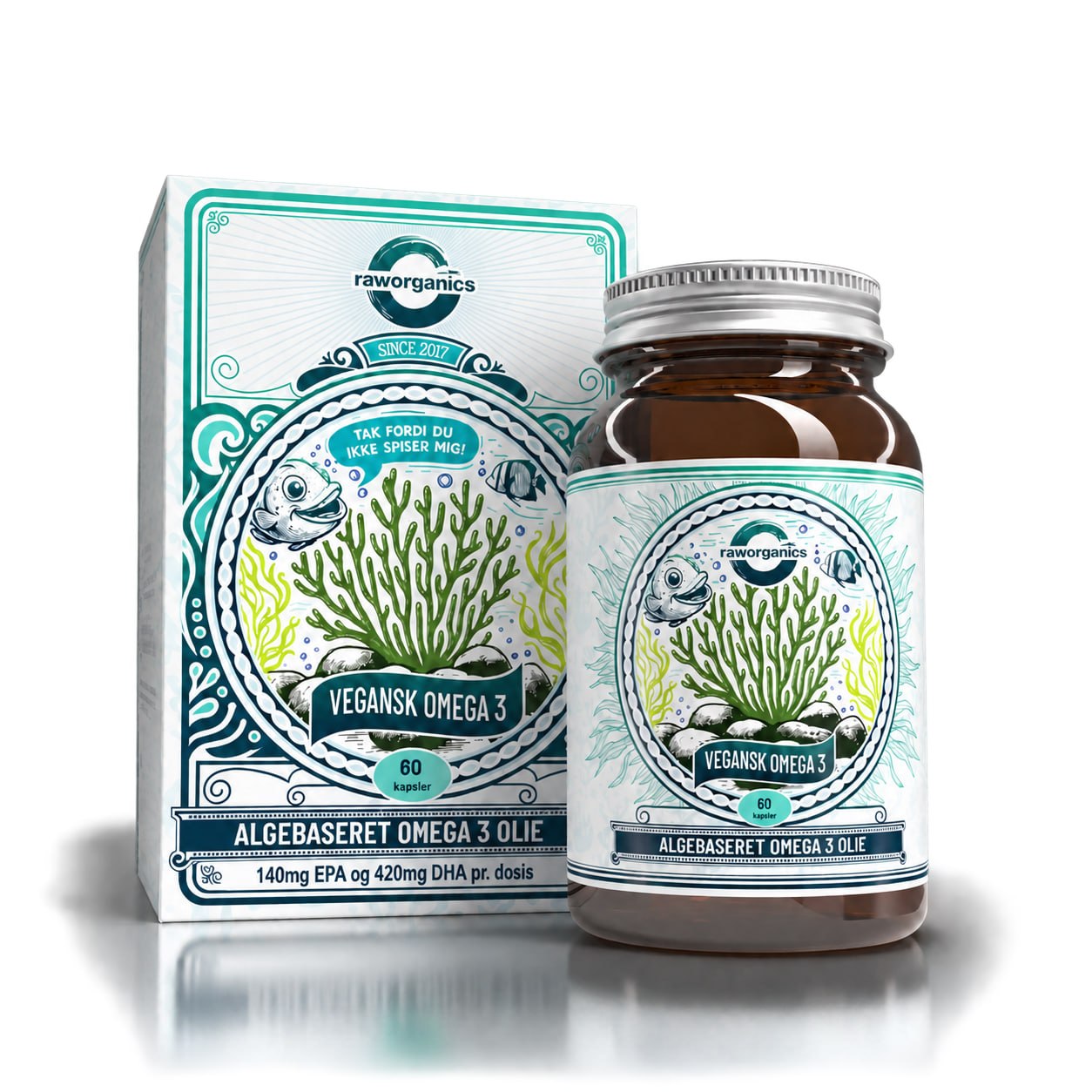 Vegansk Alge Omega 3 – glas og æske med 60 kapsler