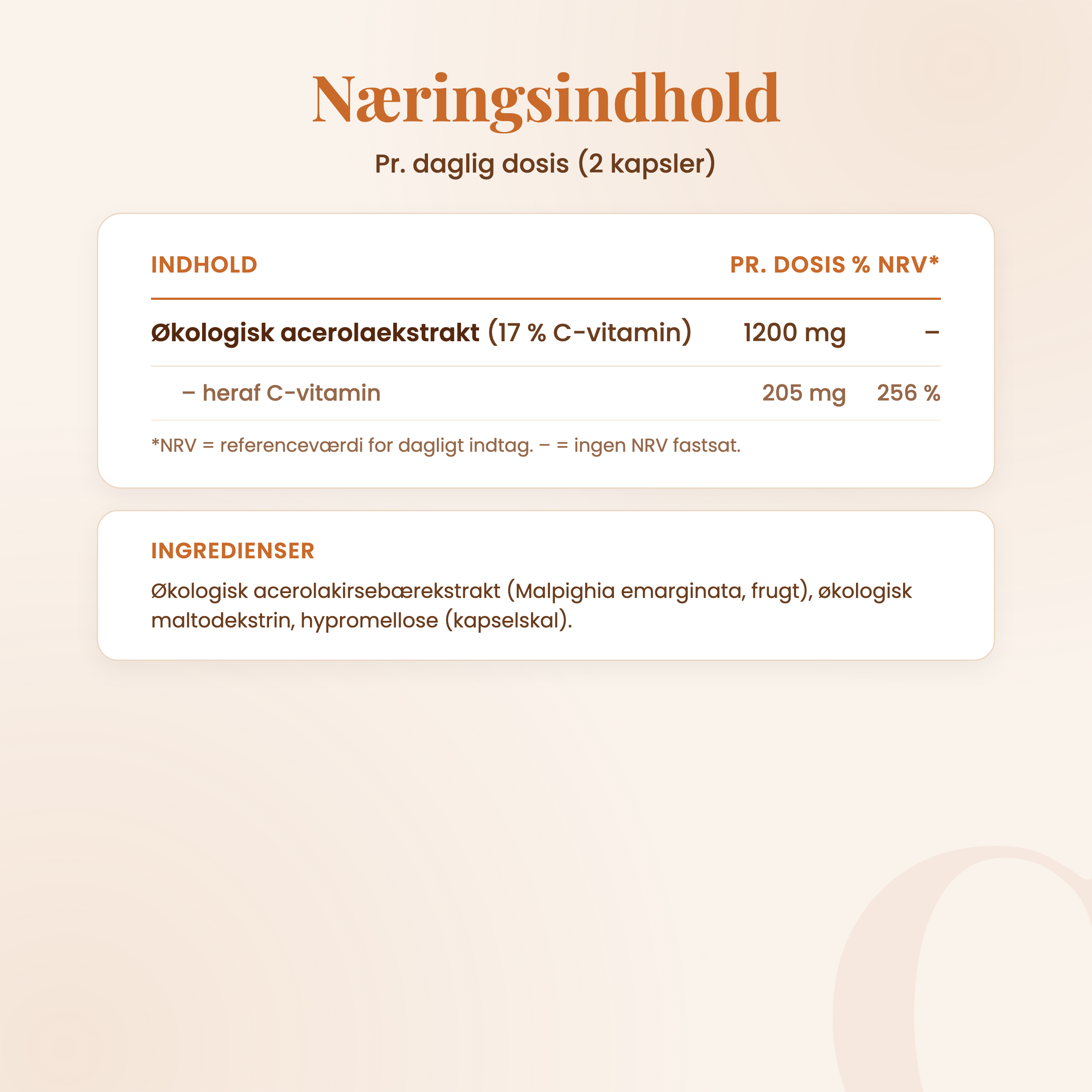 C-vitamin fra acerola – næringsindhold pr. daglig dosis