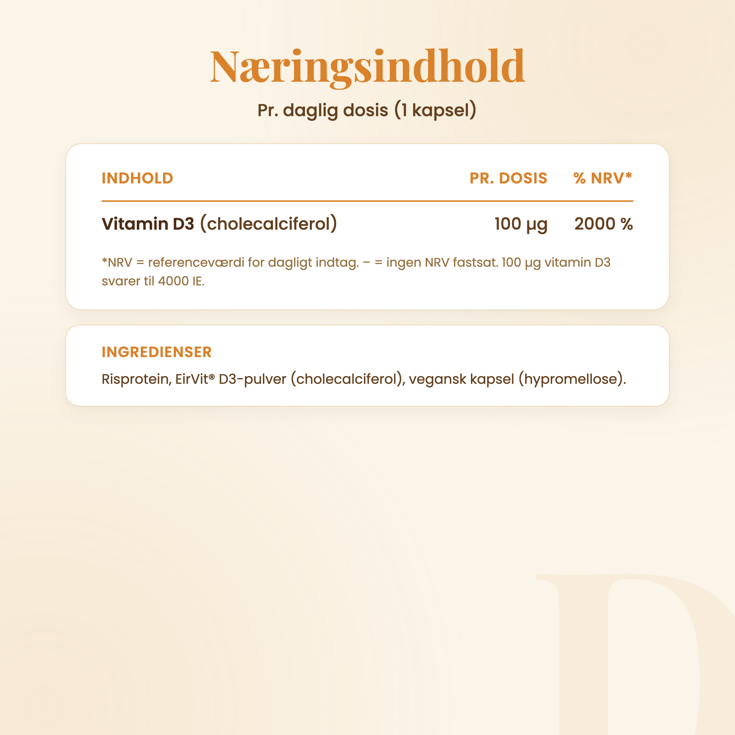 Vegansk D-vitamin – næringsindhold pr. daglig dosis