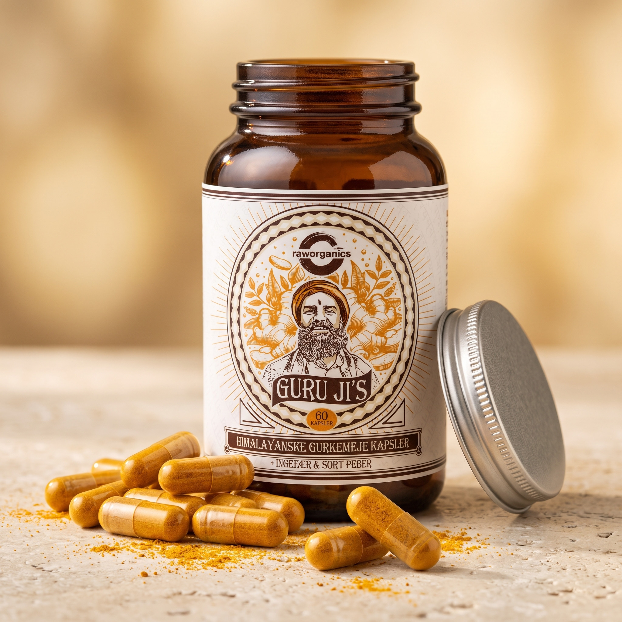 Guru Ji's Gurkemeje – kapsler og glas
