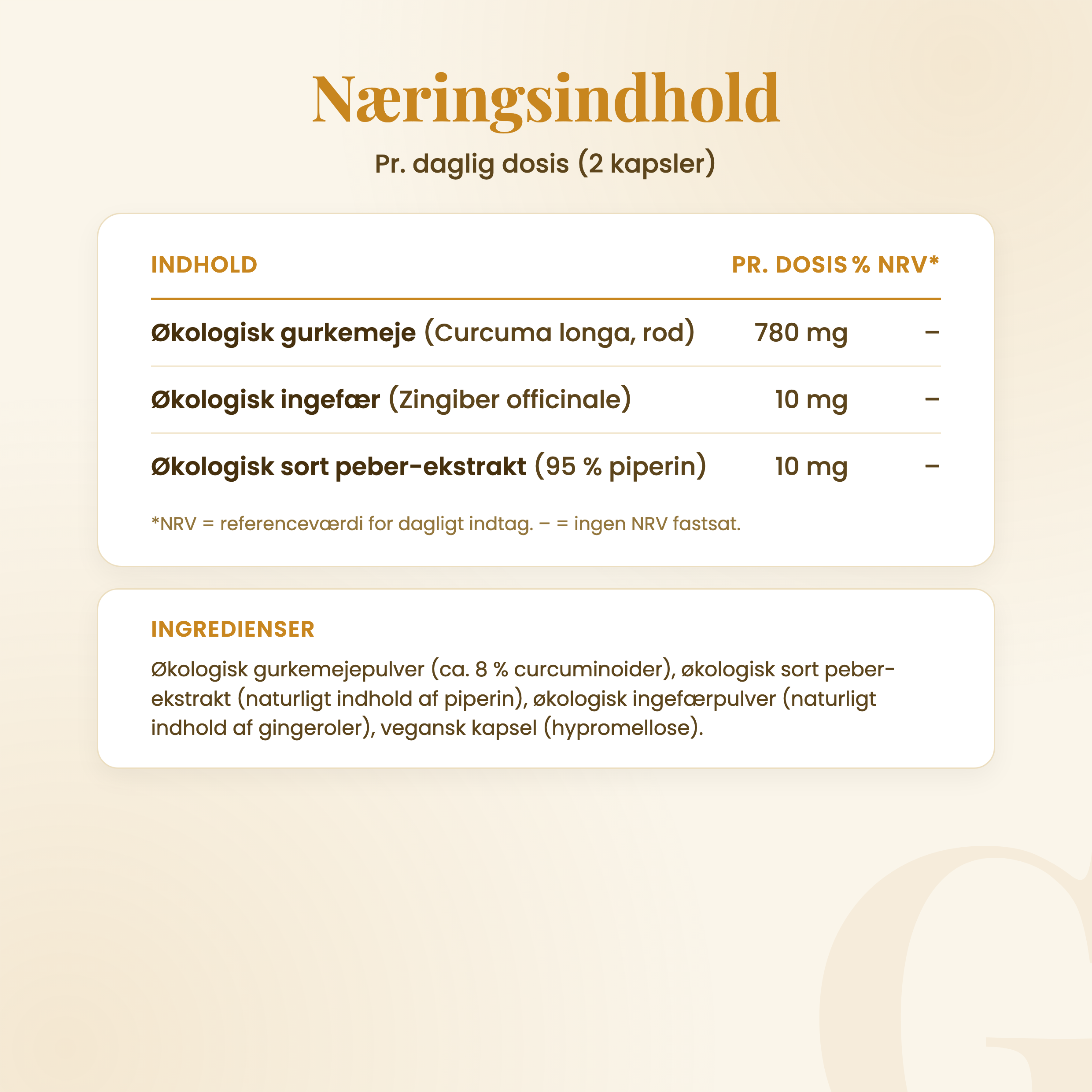 Guru Ji's Gurkemeje – næringsindhold pr. daglig dosis