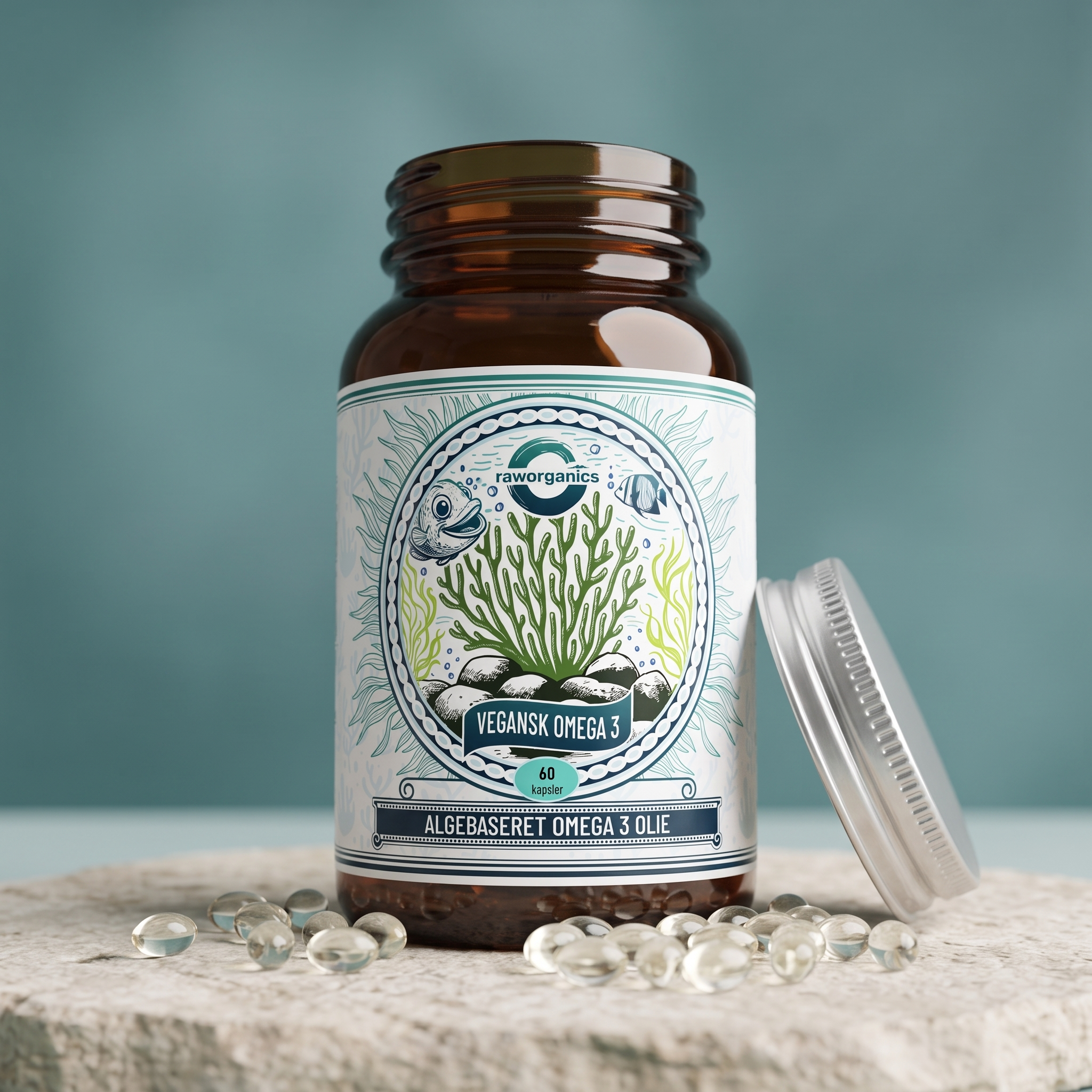 Vegansk Alge Omega 3 – kapsler og glas